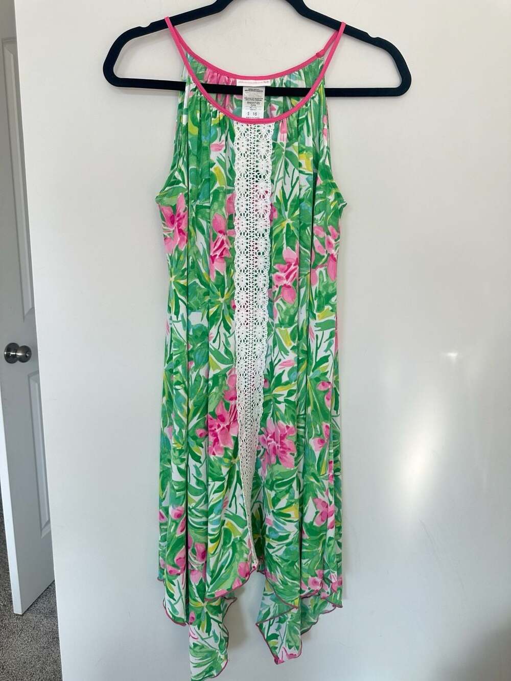 Bonnie Jean Dress Size 16 Green Pink Floral Halter Crochet